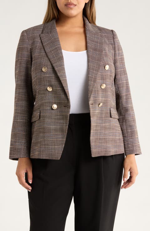 Plaid Double Breasted Blazer (Plus)