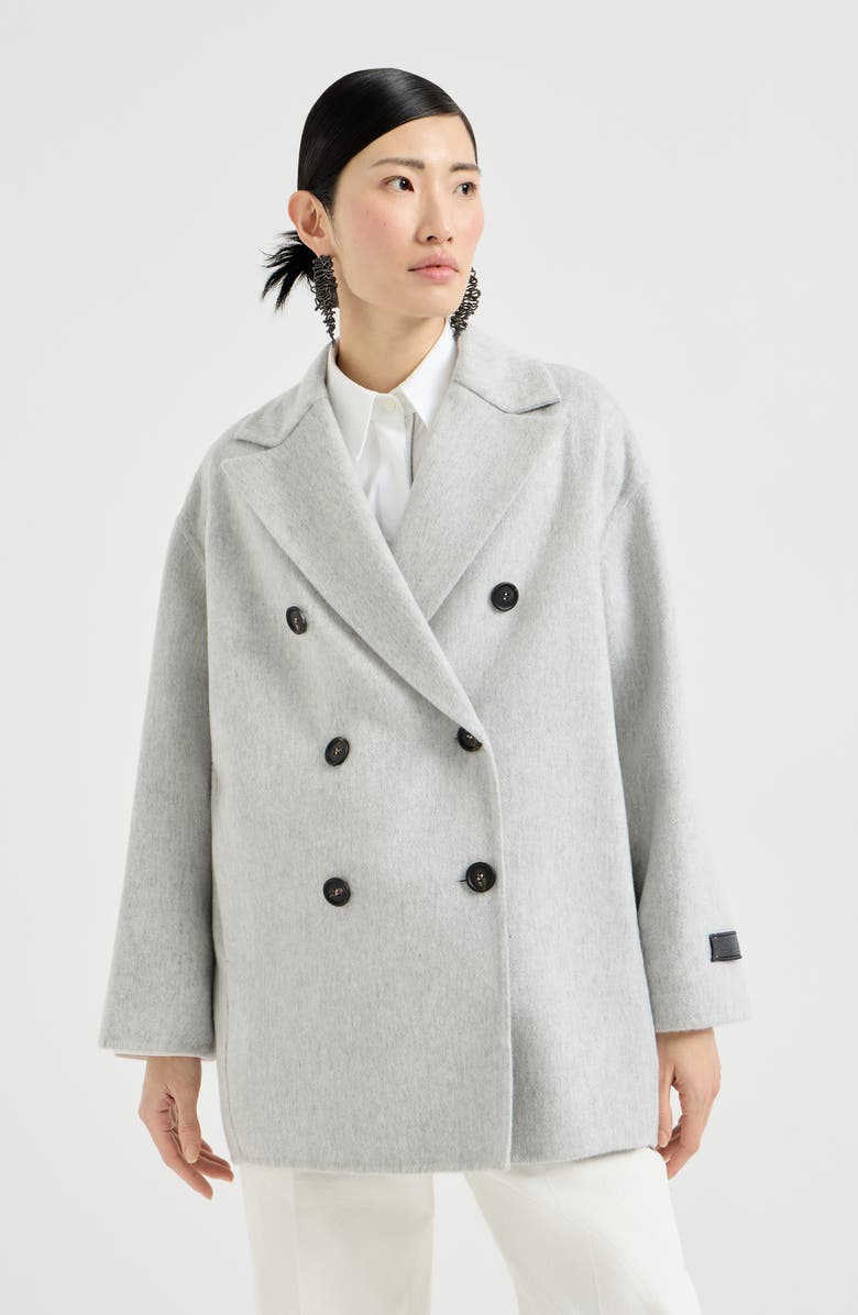 Brunello Cucinelli Cashmere double beaver cloth pea coat, Main, color, Light Grey