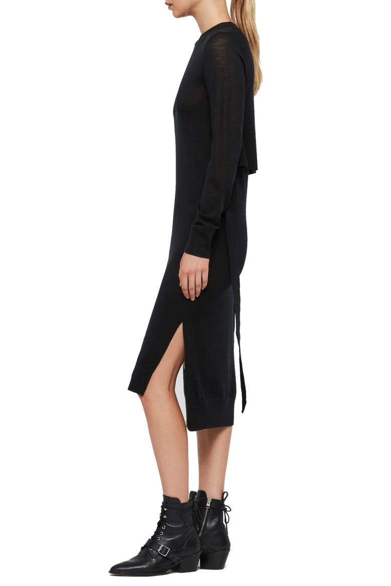 Flora Side Slit Long Sleeve Merino Wool Sweater Dress, Alternate, color, BLACK
