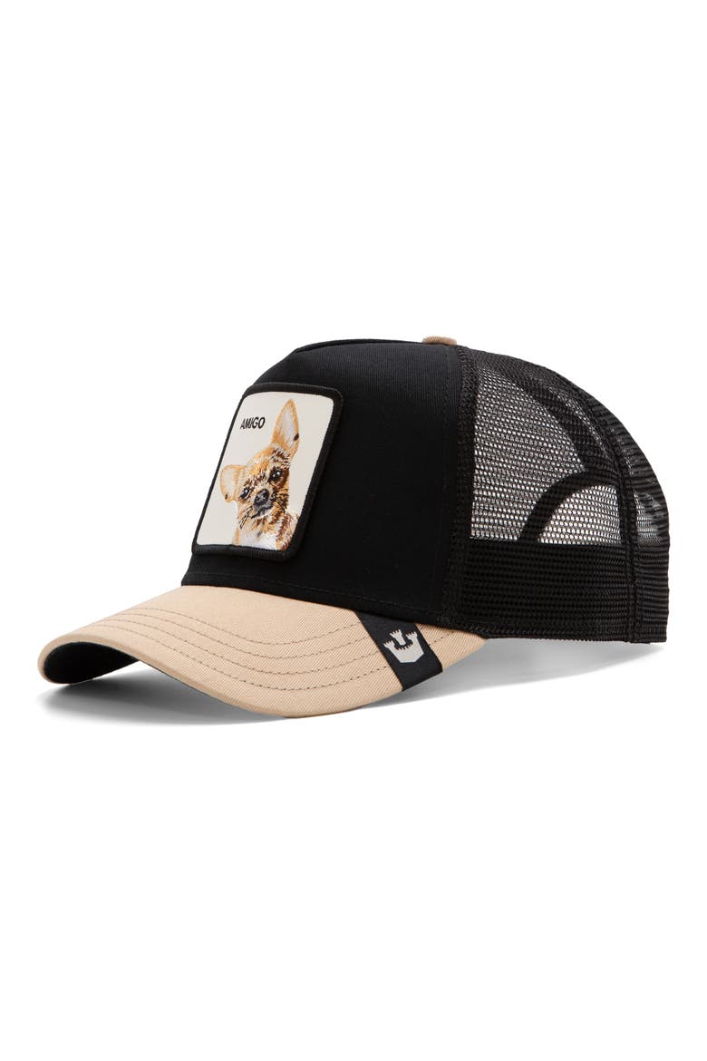 The Amigo Embroidered Patch Trucker Hat, Main, color, BLACK
