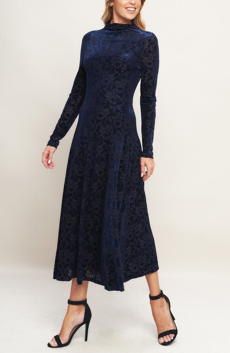 FLYING TOMATO Floral Burnout Long Sleeve A-Line Dress, Alternate, color, Navy