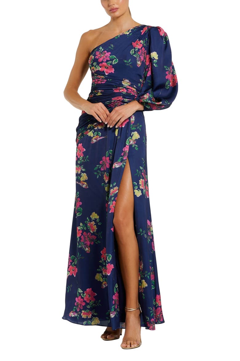 Floral One-Sleeve Charmeuse Gown with Slit, Main, color, Navy Floral