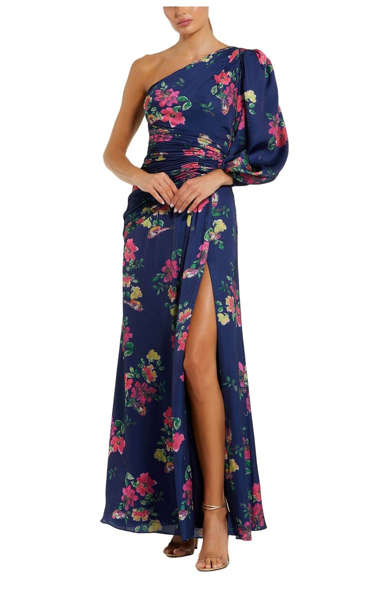 Mac Duggal Floral One-Sleeve Charmeuse Gown with Slit, Main, color, Navy Floral