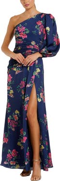 Mac Duggal Floral One-Sleeve Charmeuse Gown with Slit