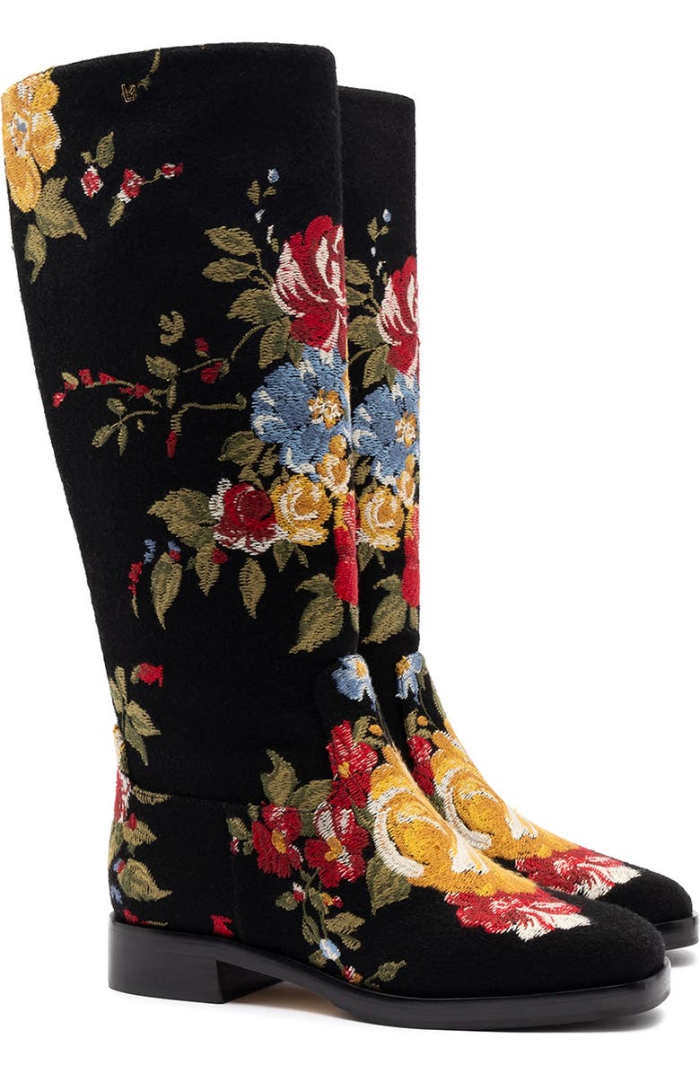 Larroudé x Markarian Flat Boot In Wool and Floral Embroidery, Alternate, color,