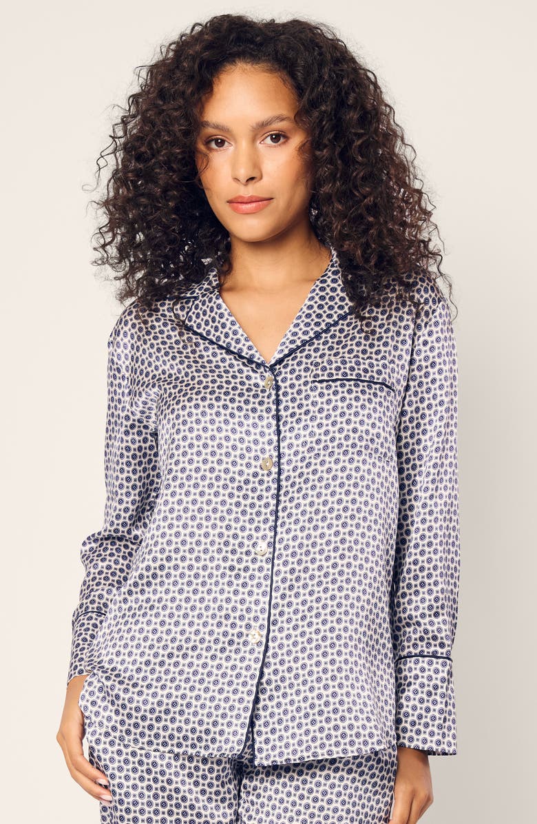 Petite Plume Medallion Print Mulberry Silk Pajamas, Alternate, color, Navy