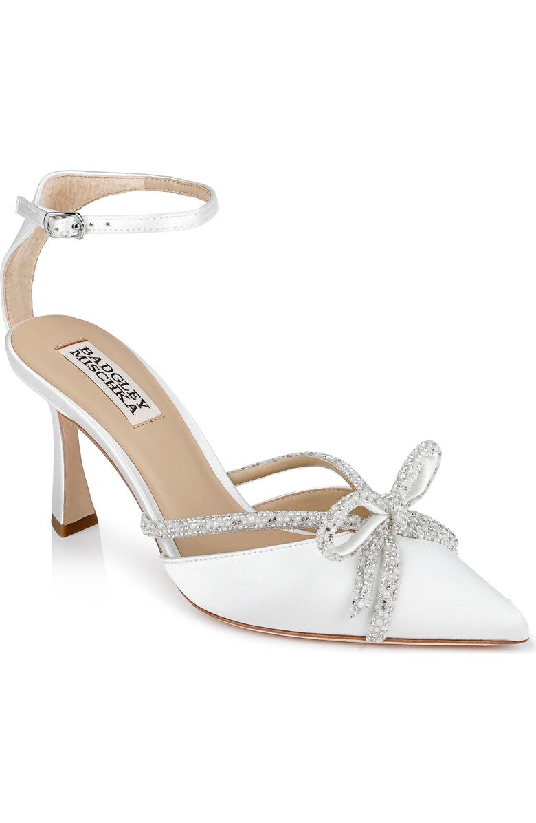 Badgley Mischka Collection Ann Ankle Strap Pointed Toe Pump, Main, color, White Satin