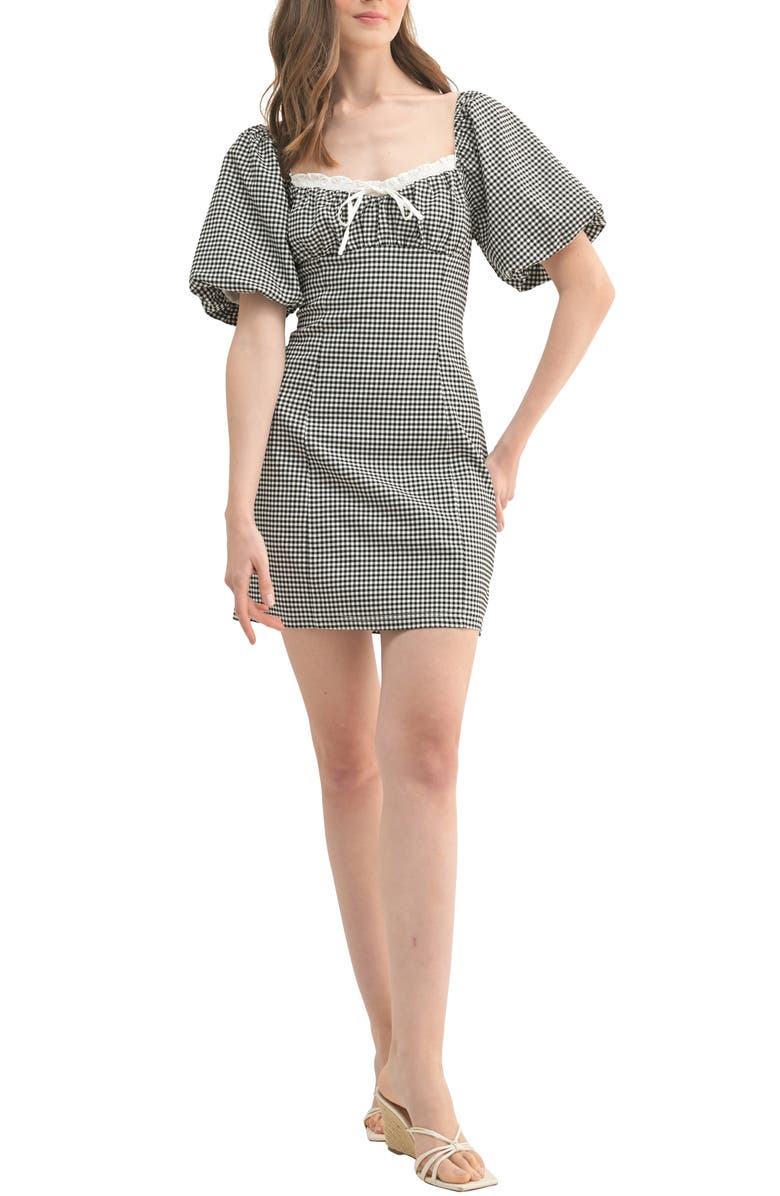 Lush Gingham Puff Sleeve Body-Con Dress, Main, color, Black White