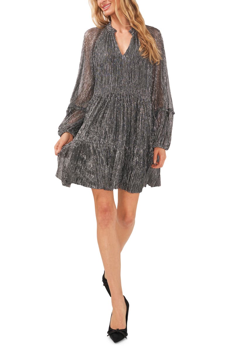 CeCe Metallic Split Neck Long Sleeve Dress, Main, color, 