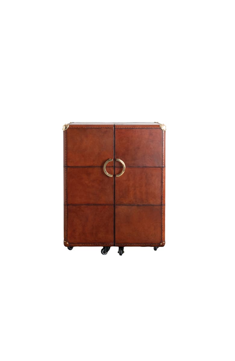 Storied Home Reclaimed Wood and Leather Bar Cabinet on Caster Wheels with Flocked Interior, Cognac Color, Main, color, Brown