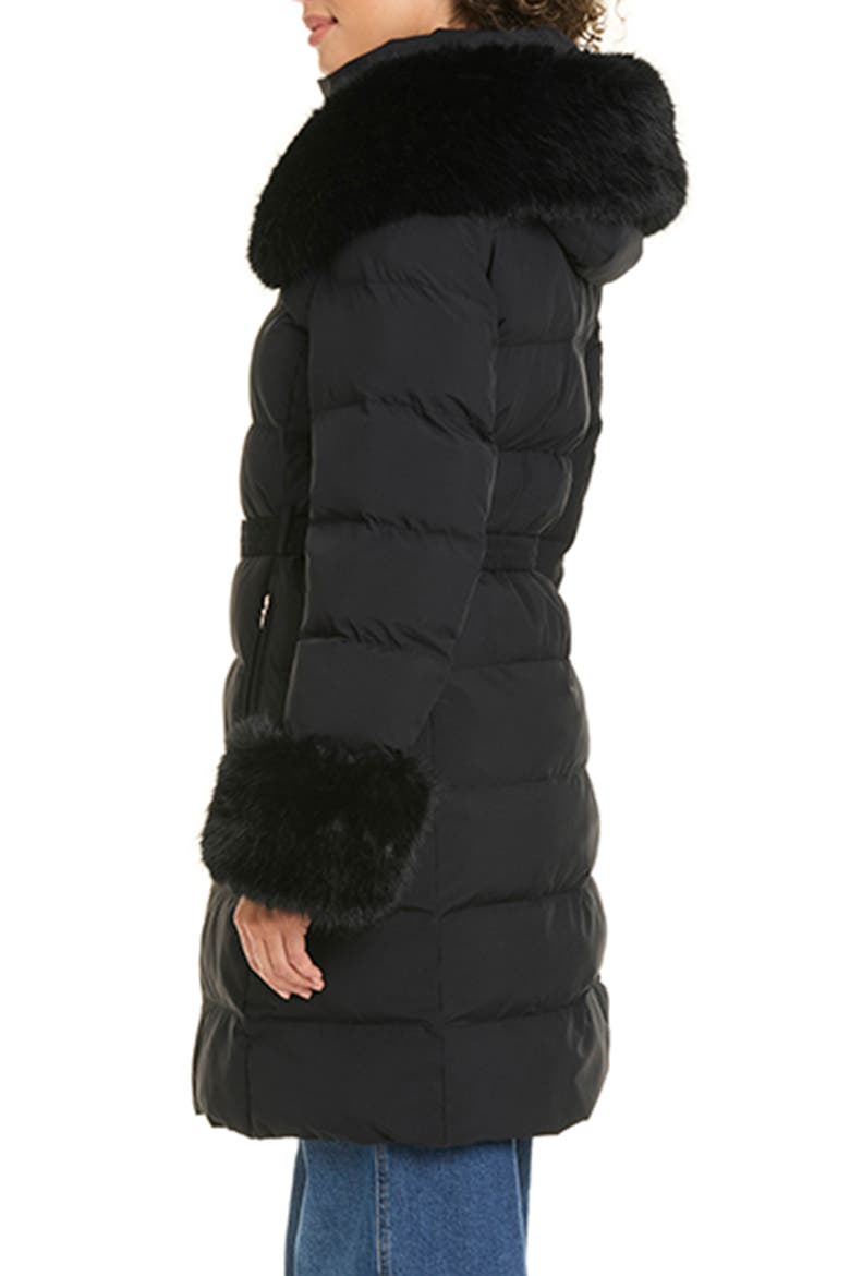 Belted Puffer Coat with Removable Faux Fur Trim, Alternate, color, BLACK
