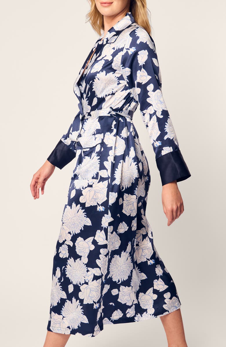 Petite Plume Floral Mulberry Silk Robe, Alternate, color, Navy