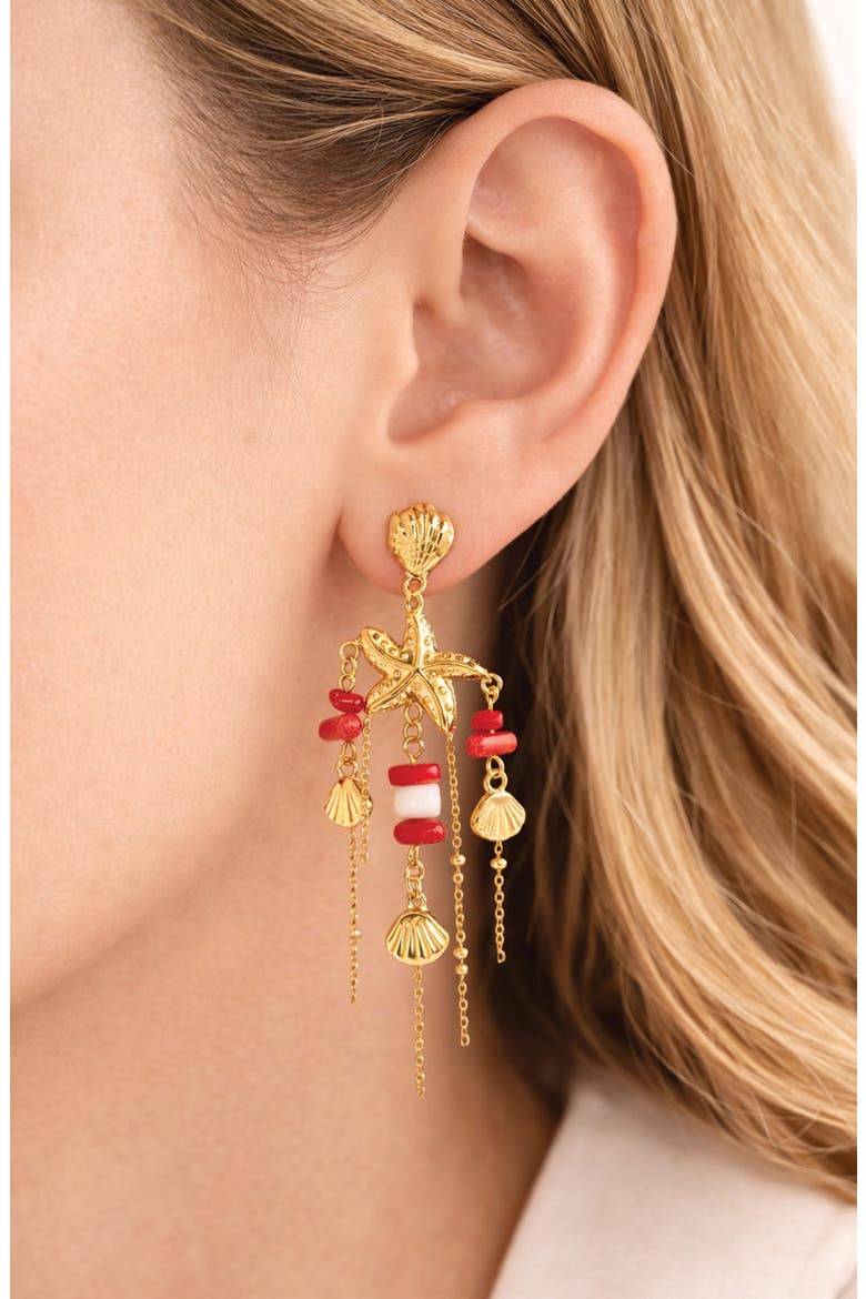 Coral and Shell Drop Earrings, Alternate, color, GOLD