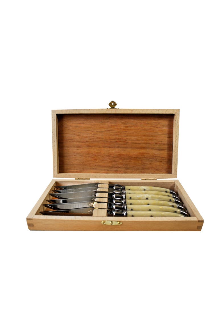 6 Piece Steak Knife Set, Platine Pale Horn in Wood Presentation Box, Main, color, Beige