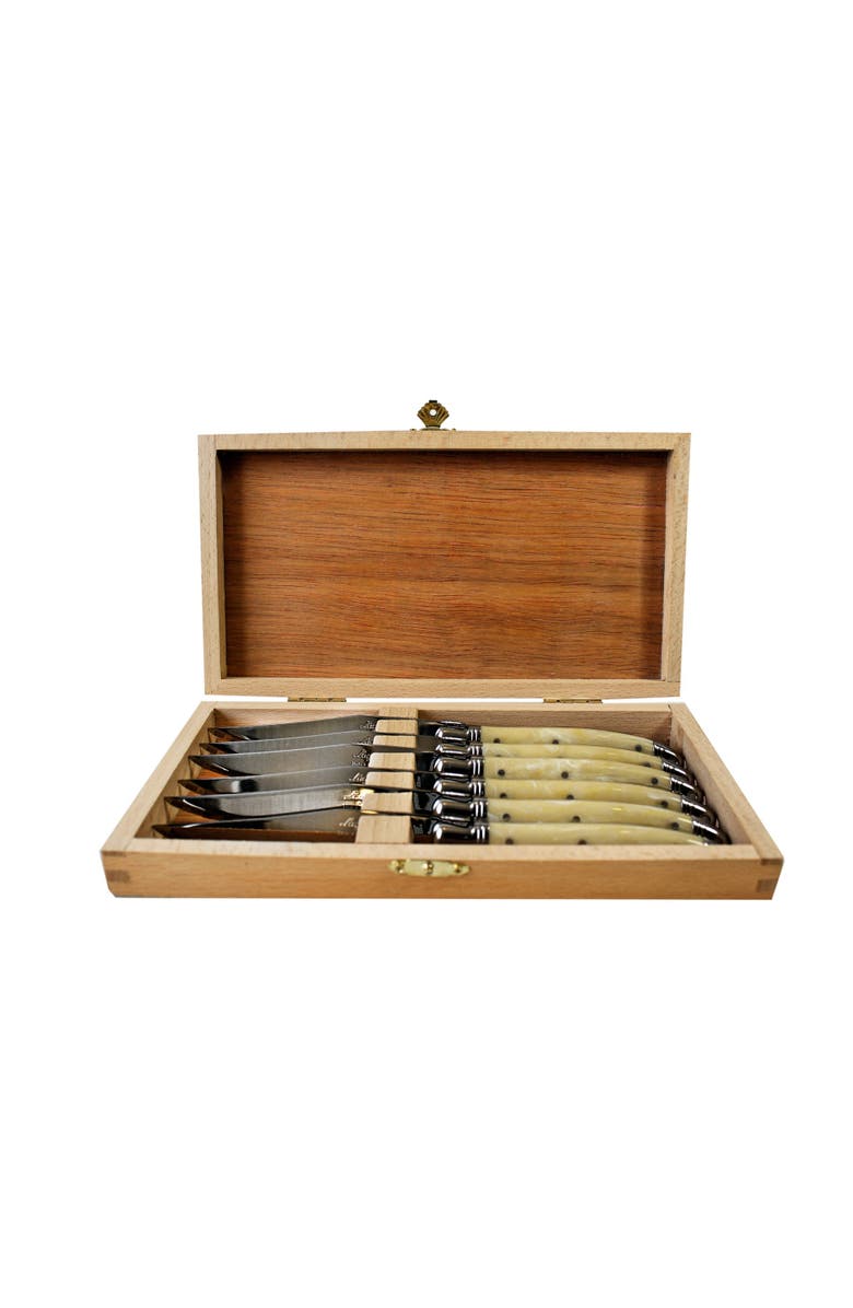 Be Home Laguiole 6 Piece Steak Knife Set, Platine Pale Horn in Wood Presentation Box, Main, color, Beige