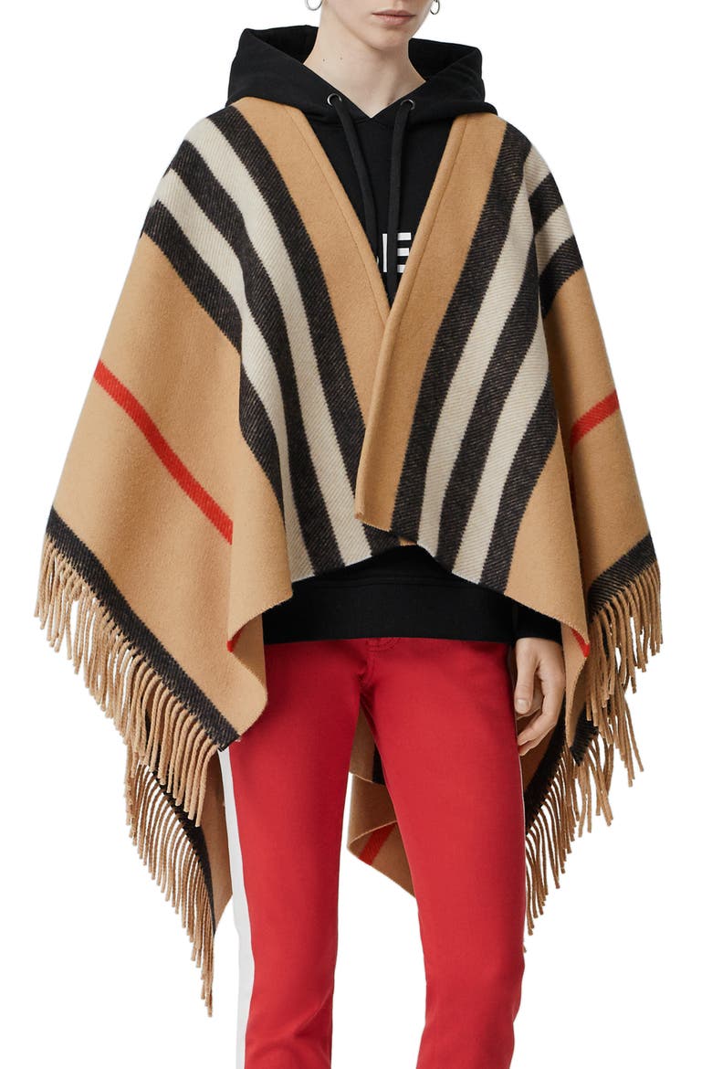 Stripe Fringe Wool Cape, Main, color, CAMEL
