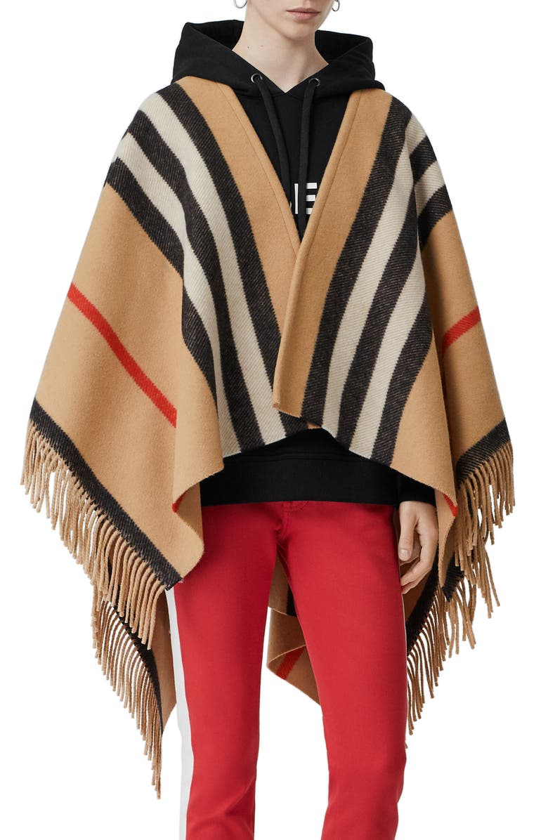 Burberry Stripe Fringe Wool Cape, Main, color, 