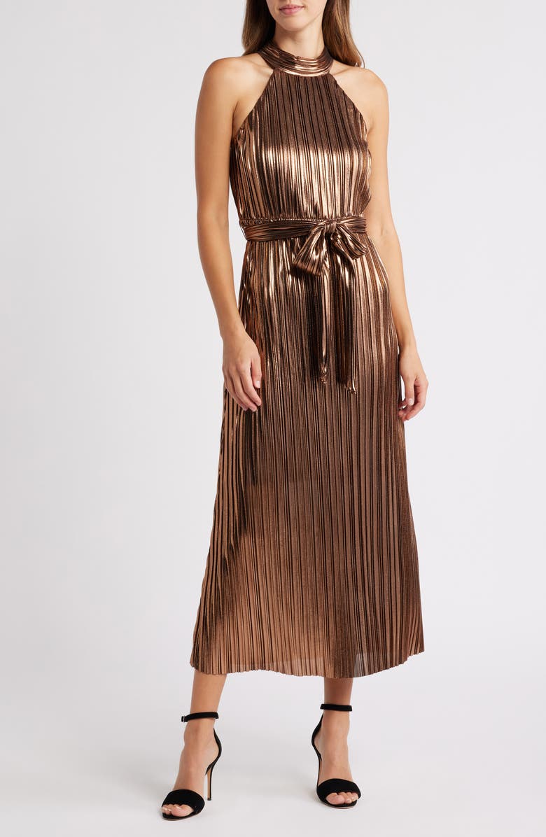 Anne Klein Metallic Plissé Tie Waist Maxi Dress, Main, color,