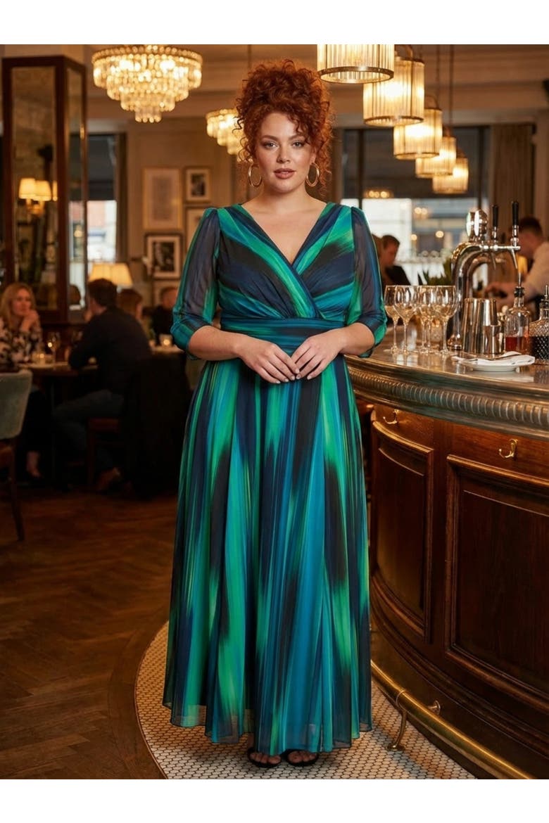 Verity Ikat Print Maxi Gown, Alternate, color, Green Ikat