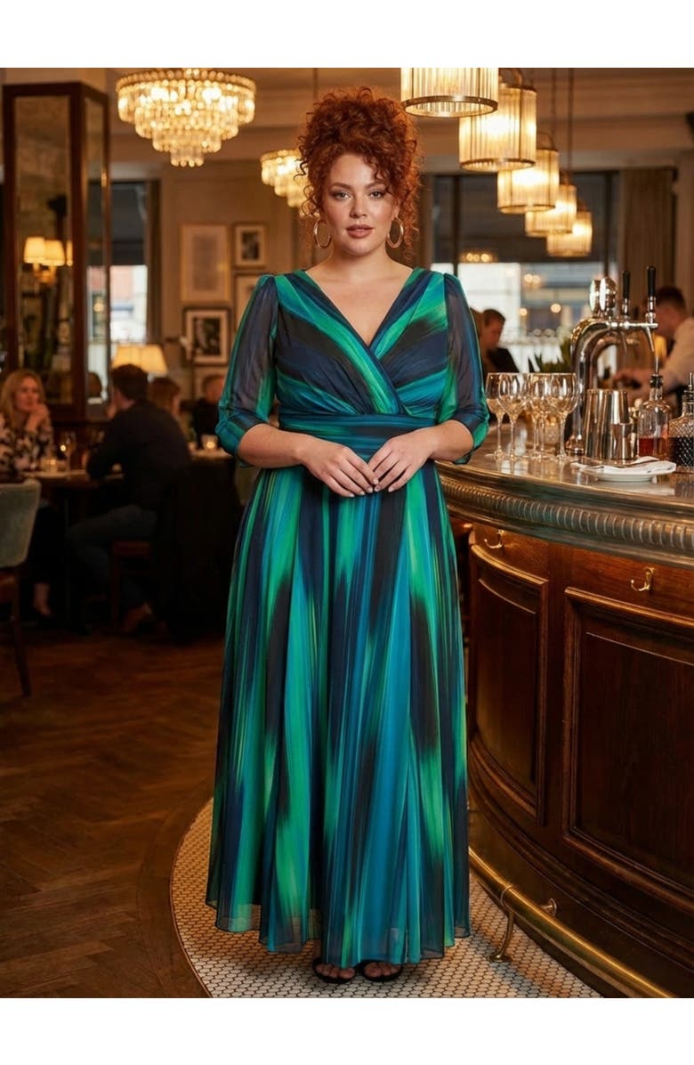 Scarlett & Jo Verity Ikat Print Maxi Gown, Alternate, color, Green Ikat