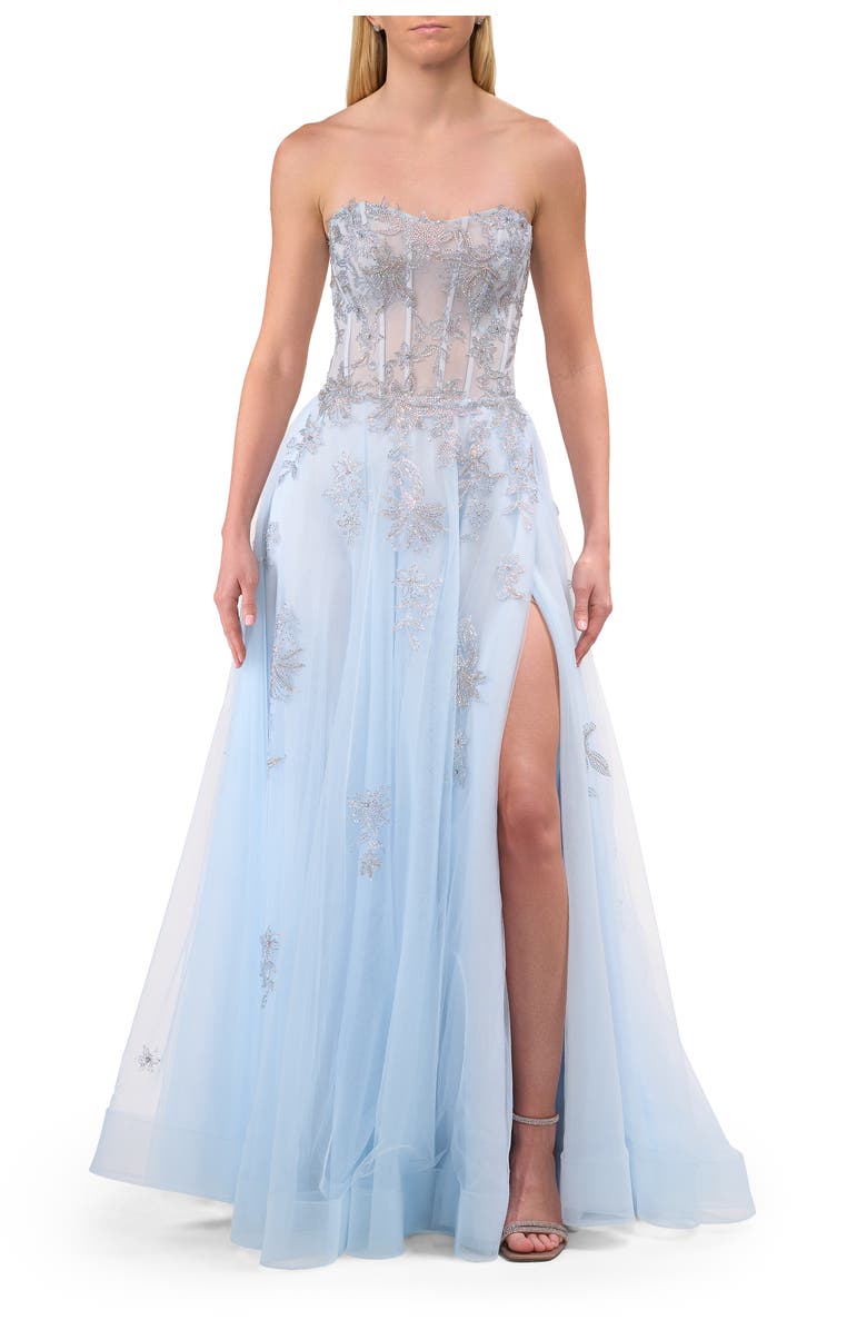 La Femme Tulle A-line Prom Dress with Gorgeous Rhinestone Lace Applique, Alternate, color, Light Blue