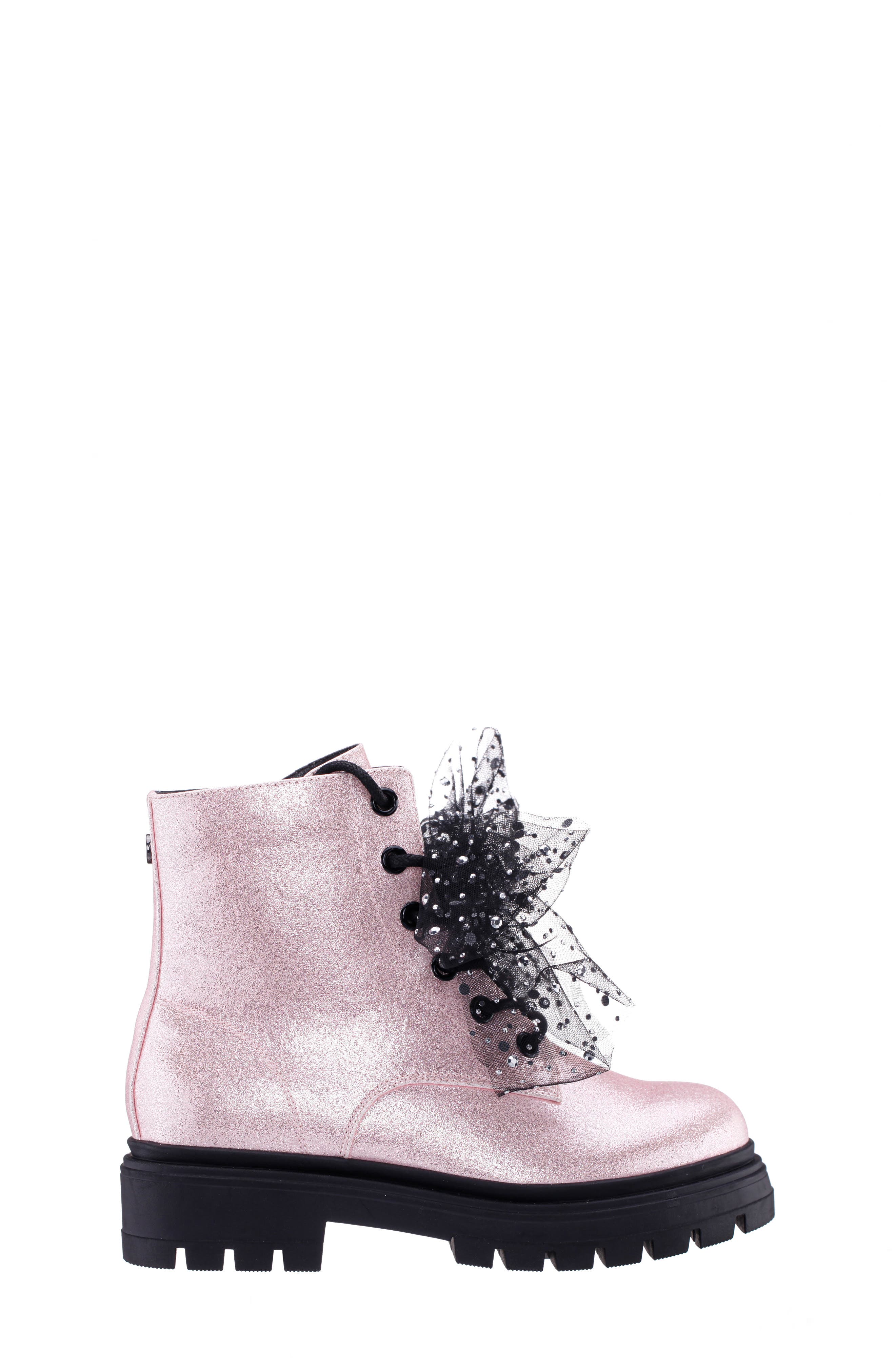 Nina Kids' Tink Crystal Mesh Bow Glitter Combat Boot, Alternate, color, Light Pink Glitter