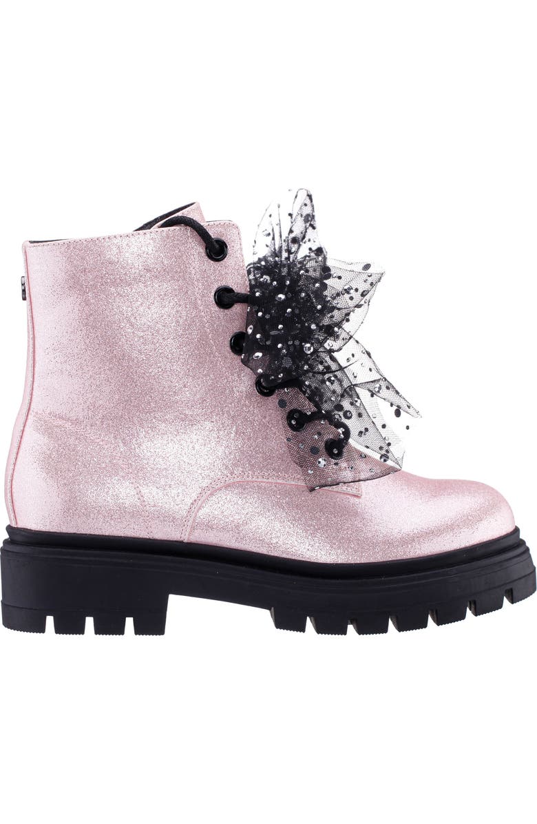 Nina Kids' Tink Crystal Mesh Bow Glitter Combat Boot, Alternate, color, Light Pink Glitter