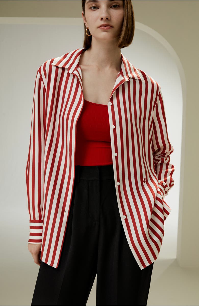 Lilysilk Women's Classic Striped Silk Shirt, Alternate, color, Red White Pinstripes