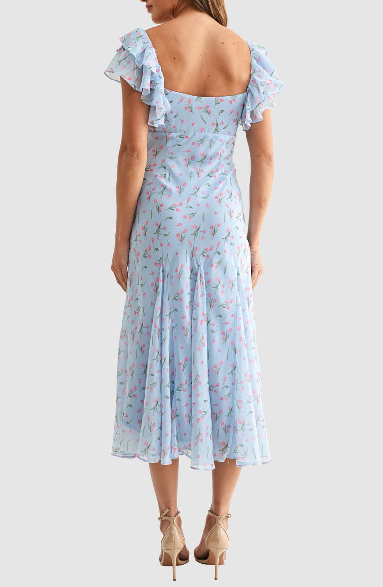 Lush Floral Flutter Sleeve Flare Hem Midi Dress, Alternate, color, Blue Pink