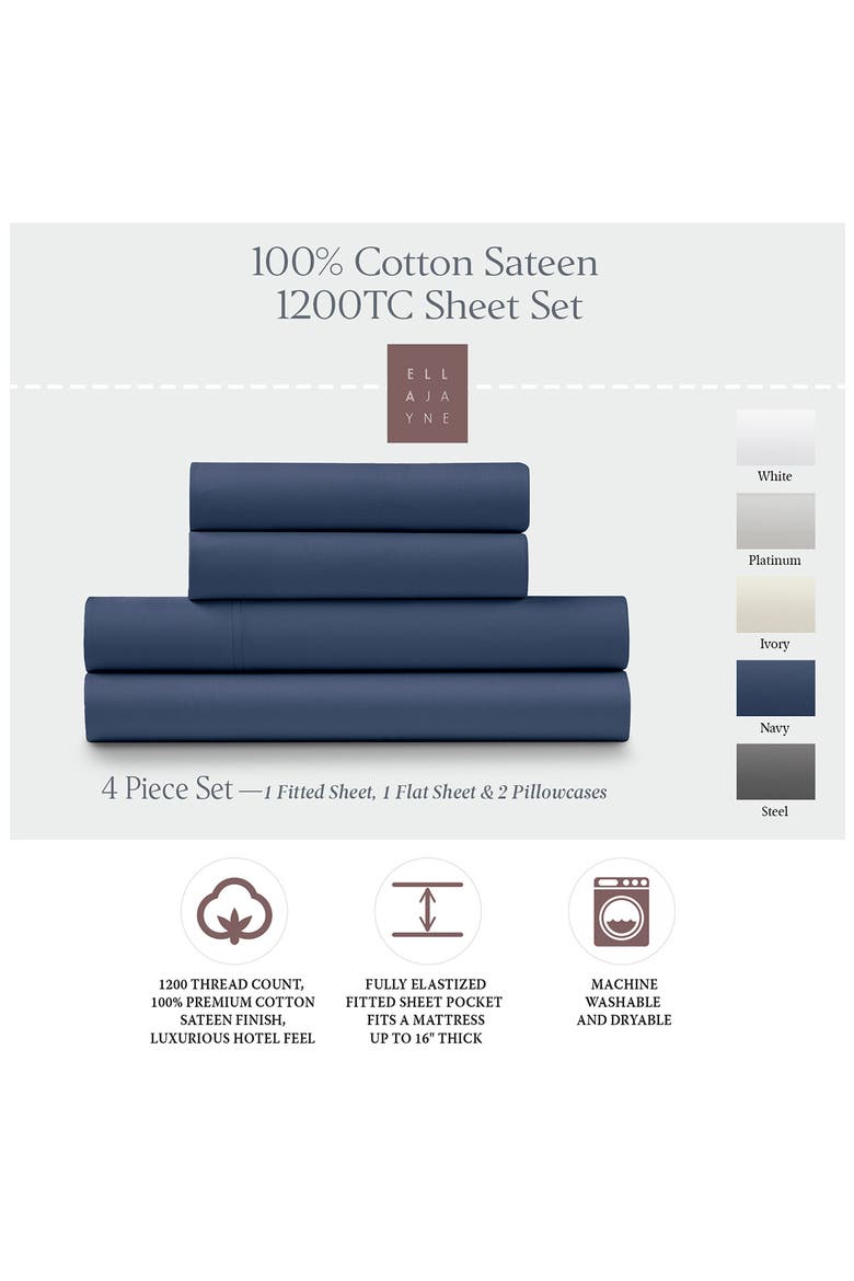 1200 Thread Count Cotton Sateen 4-Piece Sheet Set, Alternate, color, NAVY