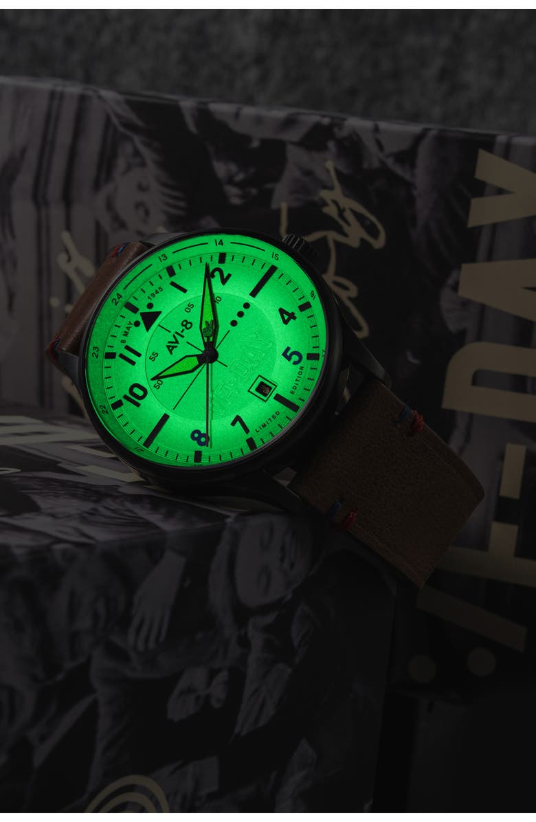 AVI-8 Hawker Hurricane Kent Leather Strap Watch, 43mm, Alternate, color, Cream