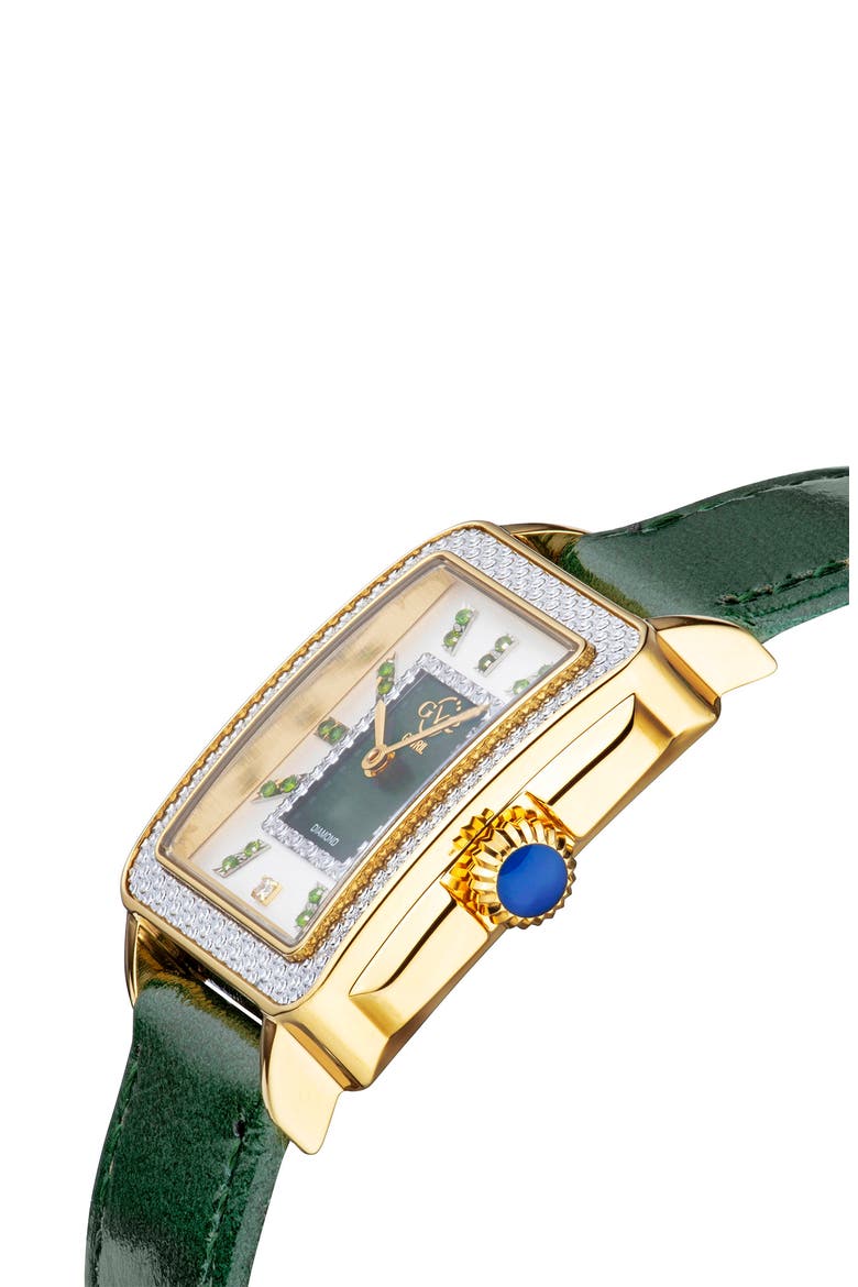 GEVRIL Women's Padova Gemstone Leather Strap Square Watch, 27 mm x 30 mm - 0.0116 ctw, Alternate, color, GREEN