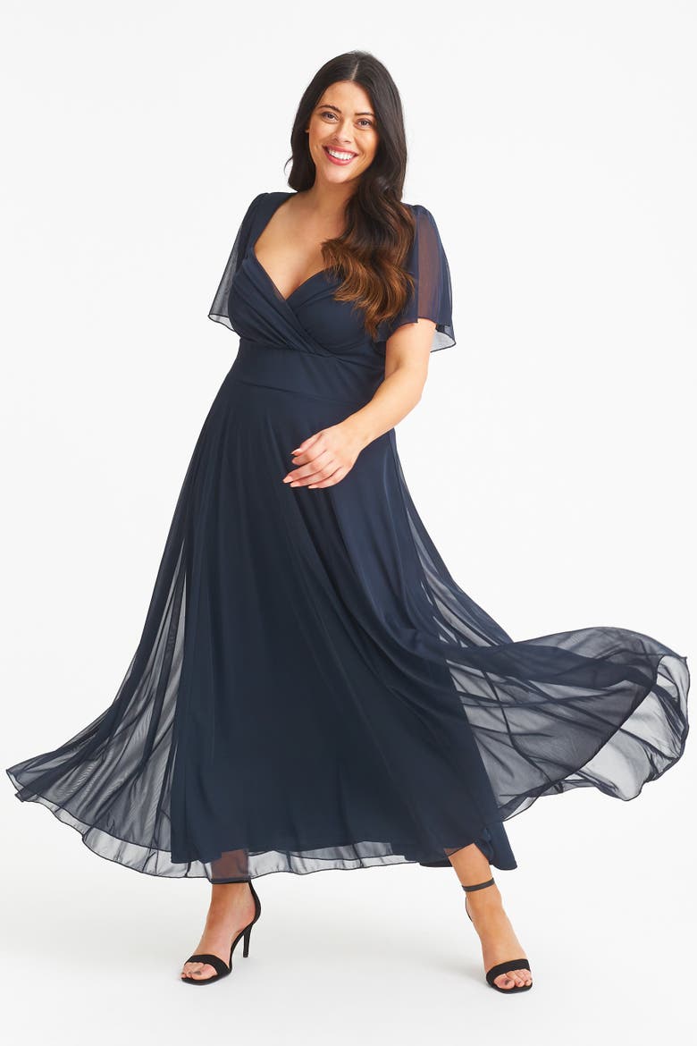Kemi Solid Bolero Wrap Bodice Maxi Gown, Main, color, Solid Navy