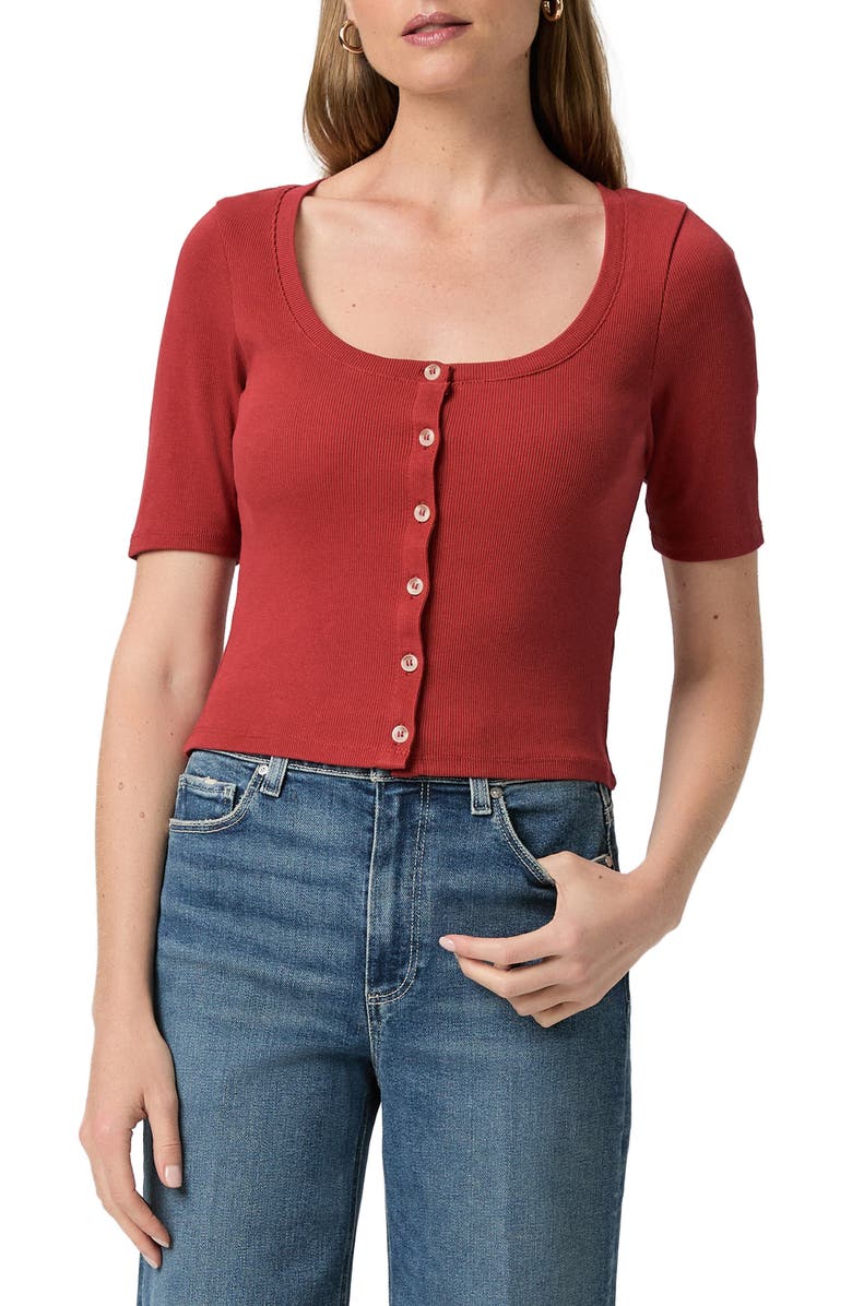 PAIGE Evette Short Sleeve Button-Up Sweater, Main, color, Carmine Red