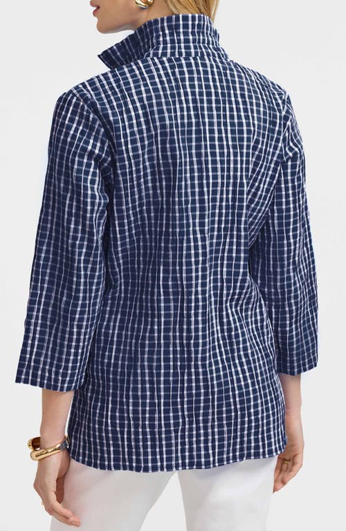 Foxcroft Carolina Crinkled Gingham Cotton Blend Shirt Jacket In Navy/white