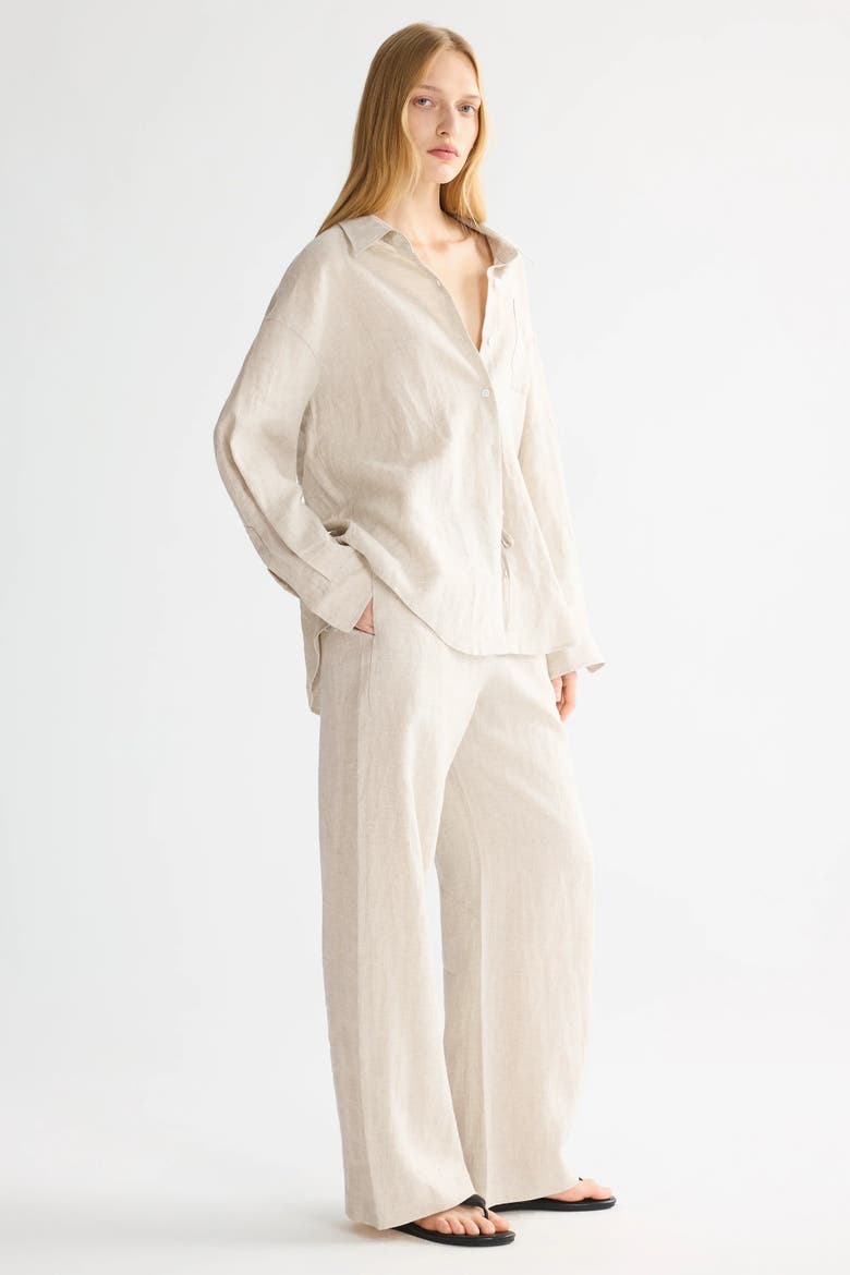 Oversized Linen Wide-Leg Drawstring Pants, Alternate, color, Beige