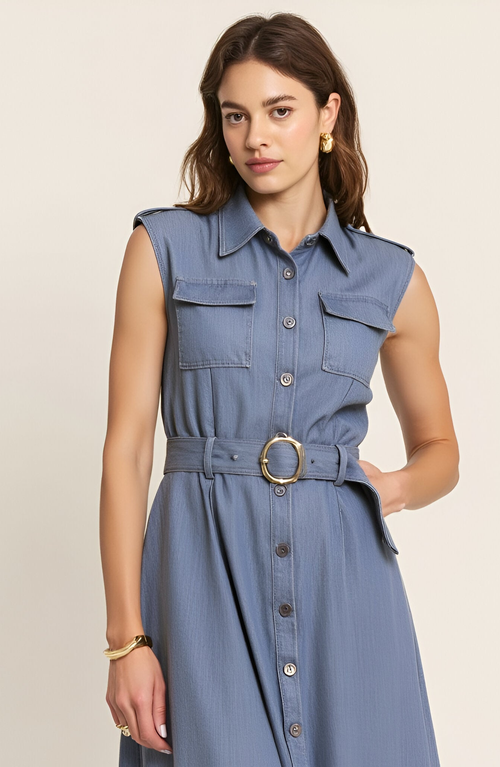 Modenaire Belted A-line Midi Dress With Shoulder Buttons And Pockets In Blue