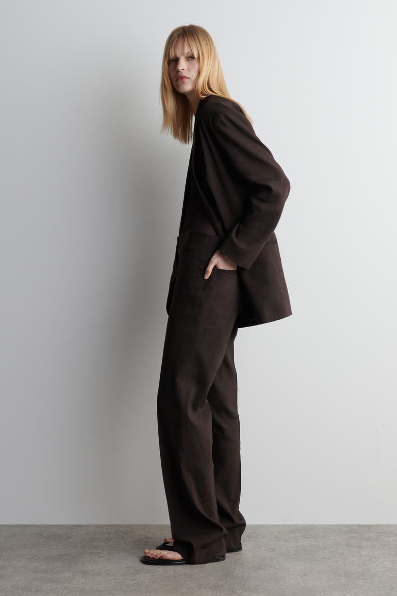 Tailored Linen Straight-Leg Pants, Alternate, color, DARK BROWN