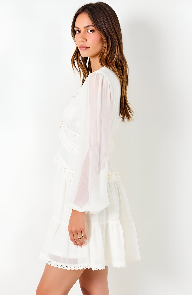 Modenaire Long Sleeve V-Neck Ruffle Tiered Mini Dress with Sheer Chiffon Overlay, Alternate, color, White