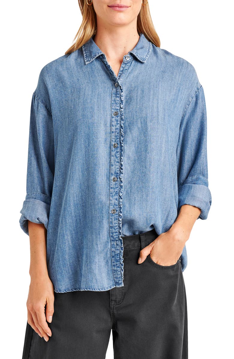 Splendid Lia Ruffle Chambray Button-Up Shirt, Main, color, 