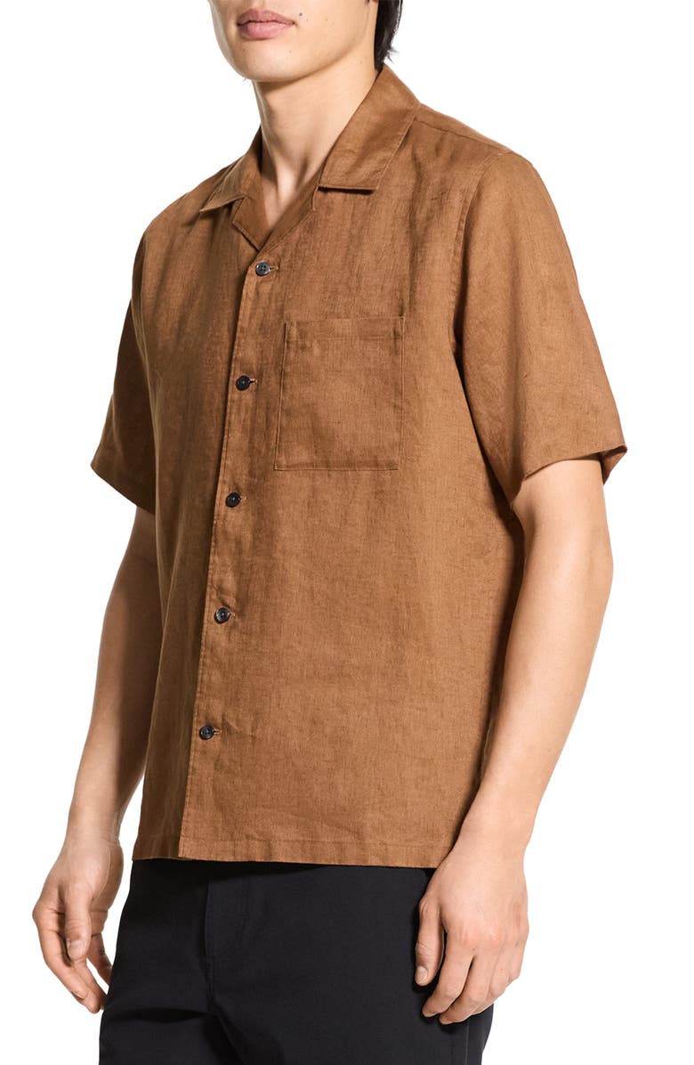 Theory Noll Short Sleeve Linen Button-Up Camp Shirt, Alternate, color, Deep Tobacco