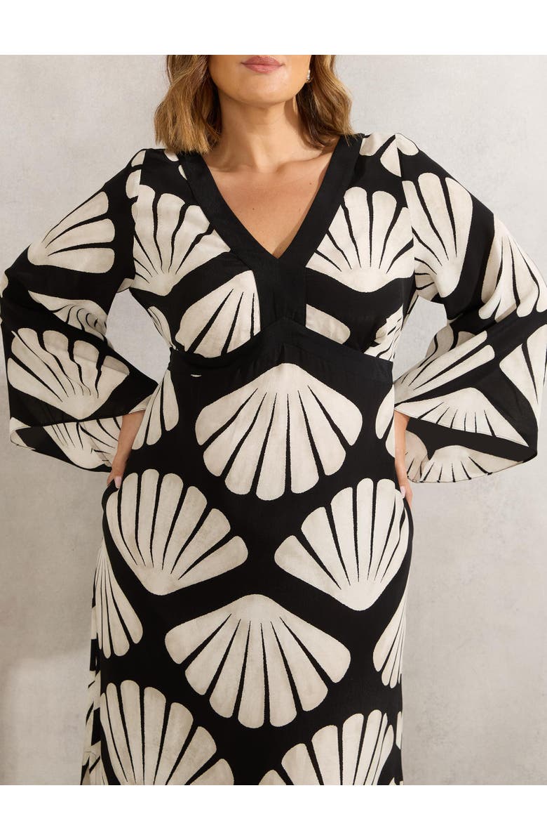 Live Unlimited Shell Print Flared Sleeve V-Neck Dress, Alternate, color, Black