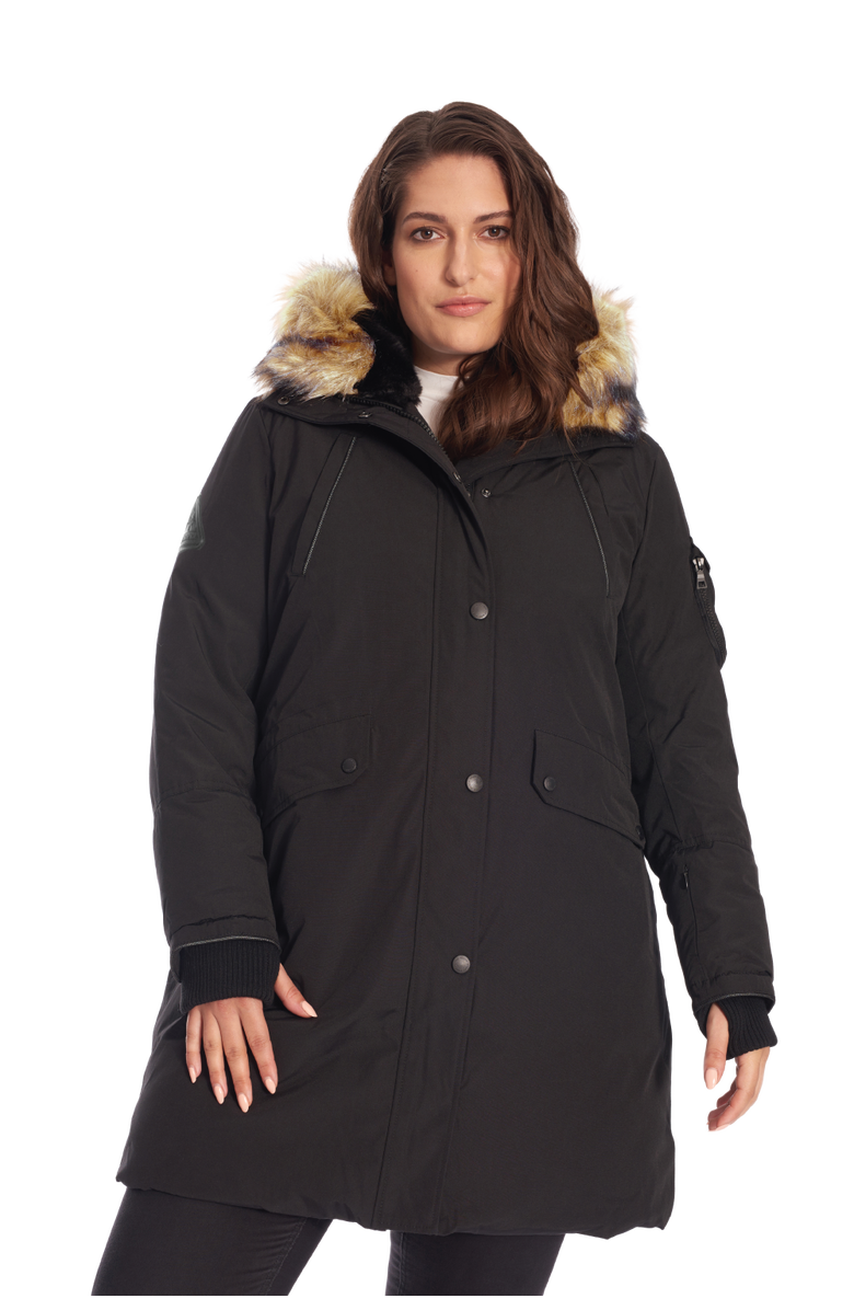 Alpine North LAURENTIAN PLUS SIZE - Vegan Down Long Parka Winter with Faux Fur Hood, Main, color, Black