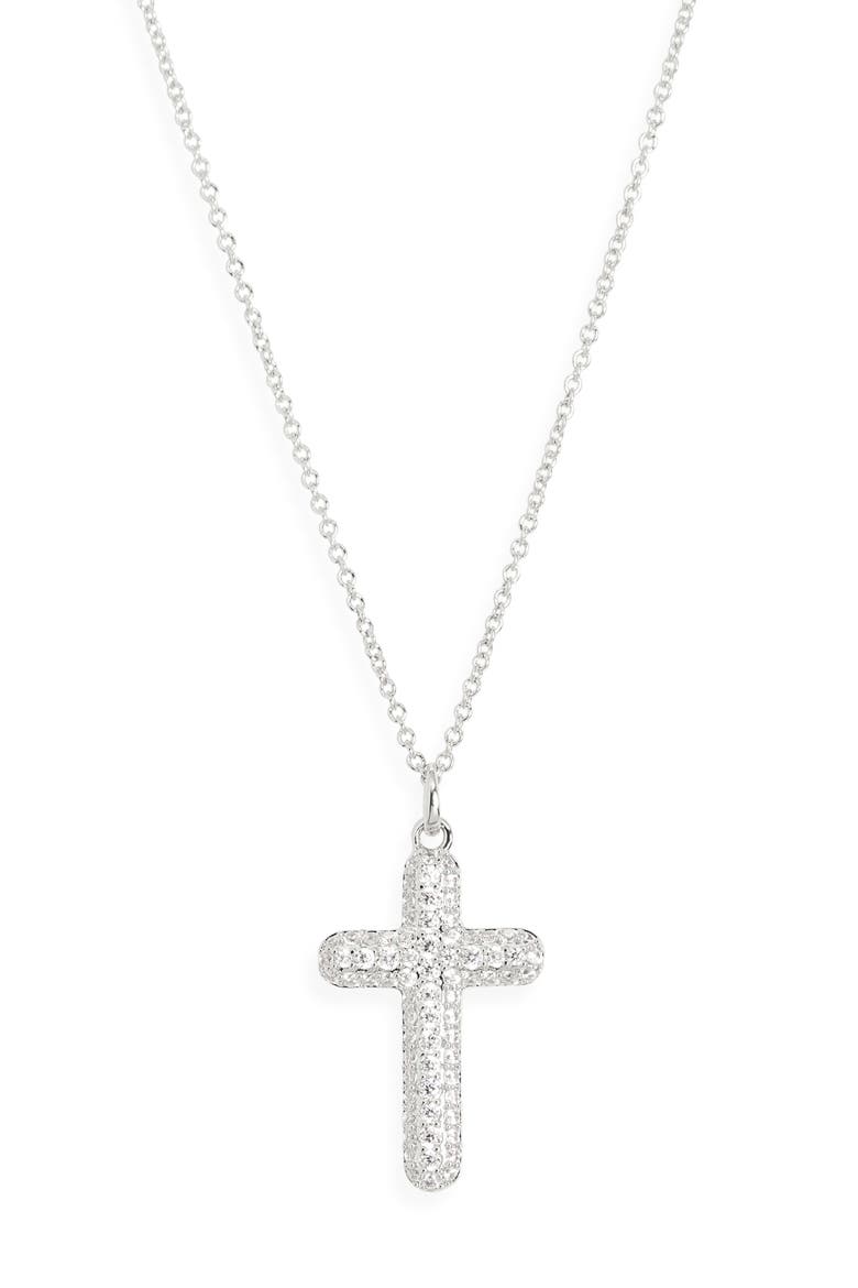 Crushed Pavé Cross Pendant Necklace, Main, color, RHODIUM