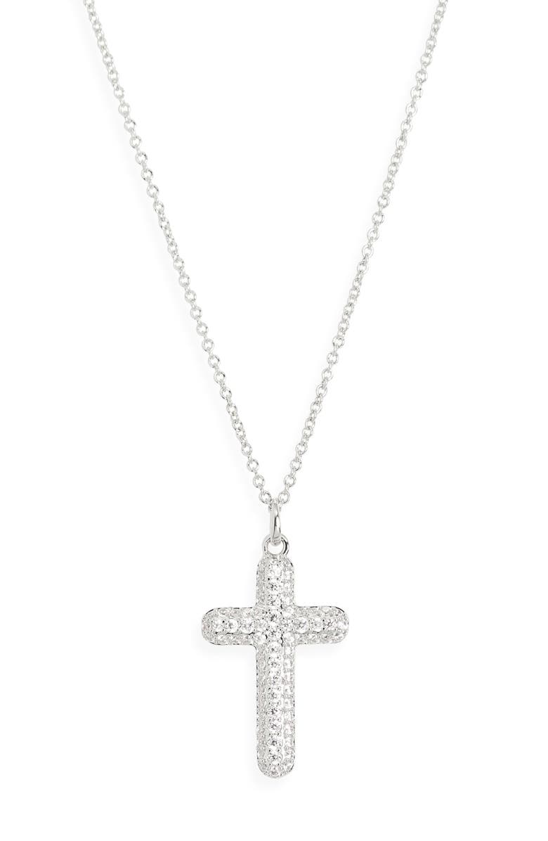 Nadri Crushed Pavé Cross Pendant Necklace, Main, color, Rhodium
