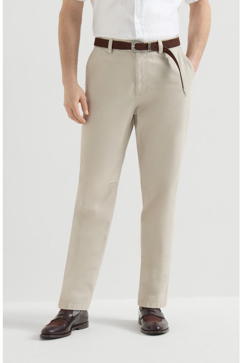 Garment-dyed trousers in peached cotton gabardine, Main, color, White