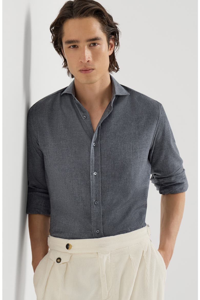 Stretch cotton chevron flannel shirt with spread collar, Alternate, color, Dark Grey