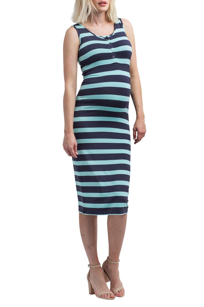 Snap Placket Maternity/Nursing Tank Dress, Alternate, color, MINT/ SLATE STRIPE