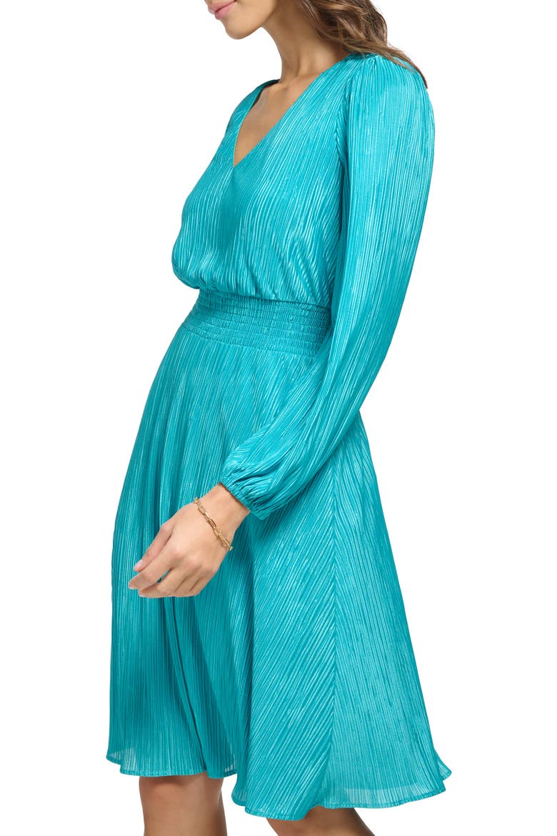 Pleated V-Neck Long Sleeve A-Line Dress, Alternate, color, LAGOON