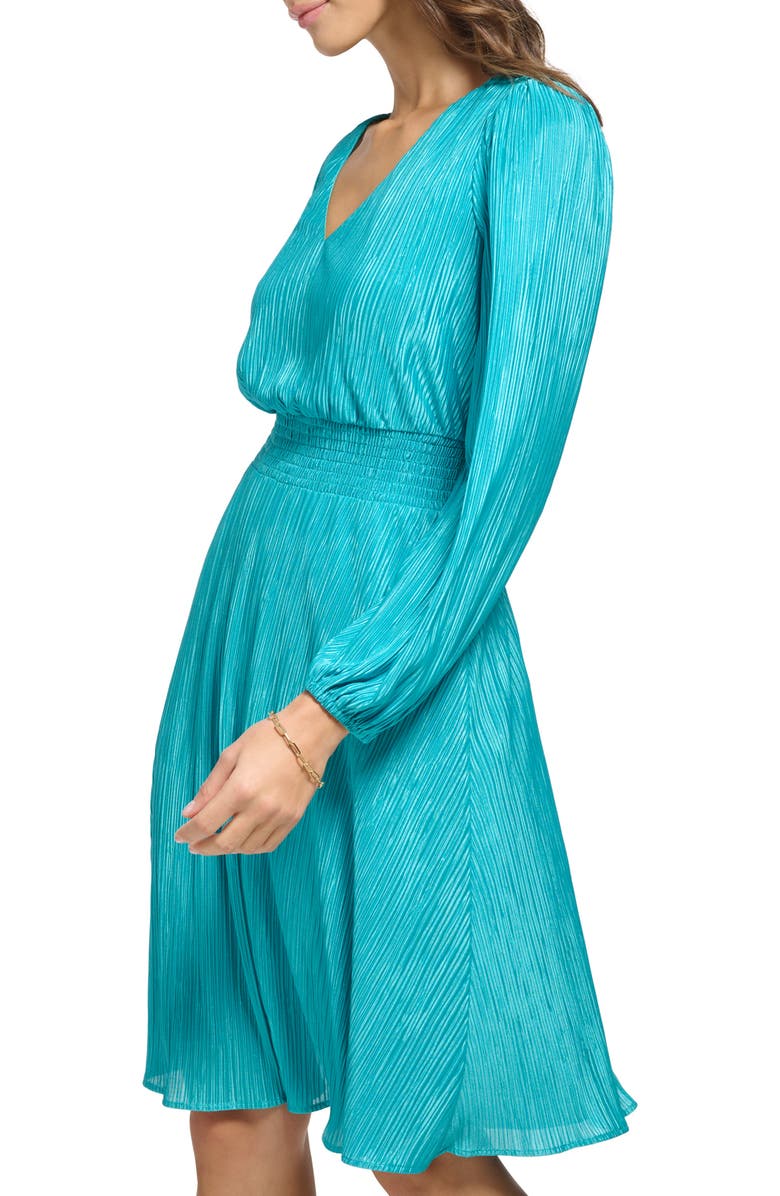 Kensie Pleated V-Neck Long Sleeve A-Line Dress, Alternate, color, Lagoon